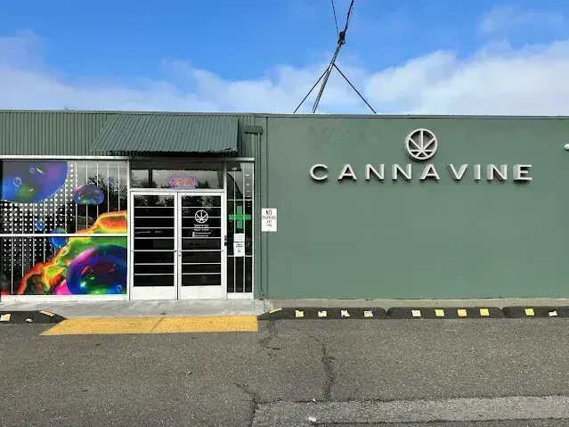 Cannavine dispensary exterior with green wall, colorful mural, and parking area